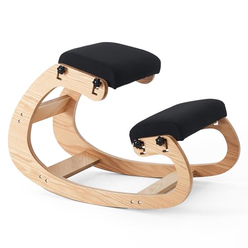 HoeuThien Ergonomic Kneeling Chair, Adjustable Rocking Office Chair Wooden Knee Chair Posture Chair for Home Office Back Pain Relief, Black