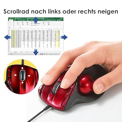 SANWA Wired Ergonomic Trackball Mouse, Programmable Roller Ball Mice, Tilt Scroll, 400/800/1200/1600 DPI, Computer trackball & Finger Rest, Compatible with Mac, Windows, Laptop, Chrome OS, Red