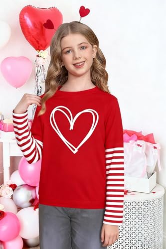 Image of LAZYCHILD Kids Valentine Shirt Girls Valentines Day Shirts Heart Graphic Long Sleeve Striped Tee Tops 5-14 Years
