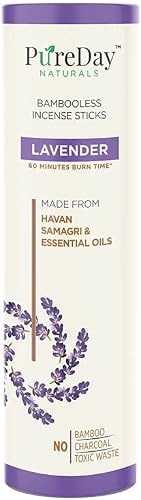 PureDay Naturals Bambooless Incense Sticks - 40 Dhoop Agarbattis - Lavender - Made from Havan Samagri, Non Toxic, Charcoal-Free - Help Relax, Sleep Better and Revitalize The Mind