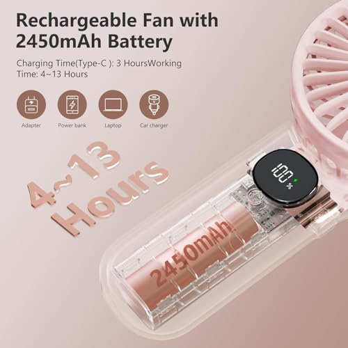 Xigmer Portable Fan, Handheld Fans 2-Pack, Mini Fan 5 Adjustable Speeds with Lanyard, Rechargeable Fans 180° Foldable for Makeup,Travel -Pink & Purple by xigmer - Image 2
