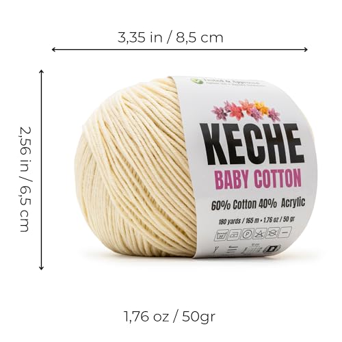 Image of Keche Baby Cotton, 60% Cotton 40% Acrylic Yarn, Soft Cotton Yarn for Crochet and Knitting, Amigurumi Yarn 1 Skein /Ball 1.76 Oz (50g) / 180 Yrds (165m) - Cream