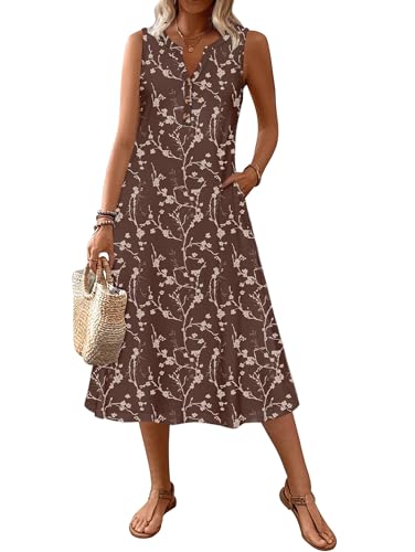 Zeagoo Summer Dresses for Women 2026 Casual Tank Dress Sleeveless V Neck Button Down Flowy Midi 2026 Summer Bohemian Cruise Travel Hawaiian Beach Resort Trendy Loose Petite Dress