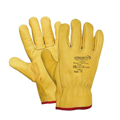 Supreme TTF 5 Pairs Yellow Leather Gloves HGV Drivers Hand Safety Fleece Lined Lorry Driving Work Glove (L (9))