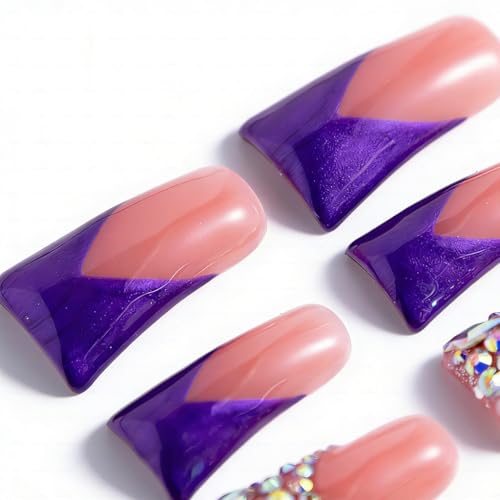IntoVibes 10 Pieces Handmade Luxury Metallic Electric Purple Shimmer With AB Crystal Shine Long Press On Nails With Bling Rhinestones And Y2K Princess Vibes, Reusable Acrylic Nails (M) — view 5