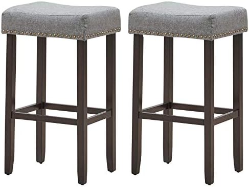 COSTWAY Set of 2 Bar Stools, Counter Height Bar Chairs Seat with Cushion and Solid Wood Legs, Breakfast Dining Stools Cafe Chair for Home Kitchen Dining Room (Grey)