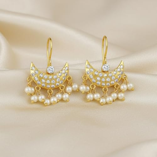 Image of VAMA FASHIONS 18K Gold Plated Anti Tarnish Half Moon Peacock Shape Traditional Maharashtrian Press on Bugadi Upper Ear Clip on Earrings For Women & Girls