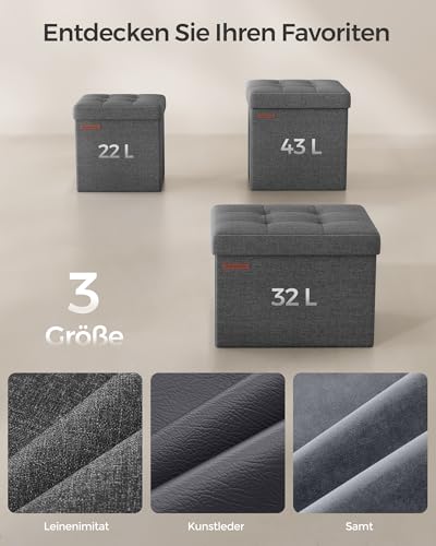 SONGMICS Aufbewahrungshocker, klein, faltbar, 30 x 30 cm, würfelförmiger Fußhocker mit Aufbewahrung, belastbar bis 130 kg, für Wohnzimmer, Schlafzimmer, Schlafsaal, Dunkelgrau LSF028G01