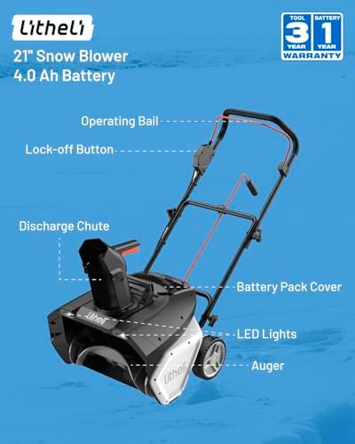 Litheli 40V Battery Powered Cordless Snow Blower, 21-Inch Brushless Electric Snow Thrower with Wheels, LED Lights, 180° Chute, Powerful Snow Removal Kit with 4.0Ah Rechargeable Battery — view 6