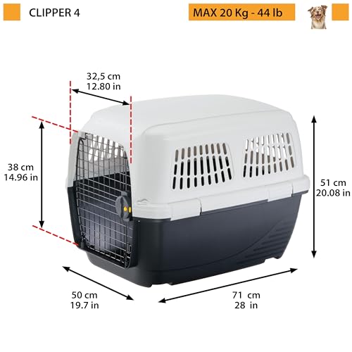 Ferplast Hundetransportbox CLIPPER PLUS, IATA-geeignet, Mittlere Hundetransportbox bis 20 kg, Sicherer Verschluss, Mit Doppelfach für Zubehör, Abnehmbarer Griff, 71 x 50 x h 51 cm