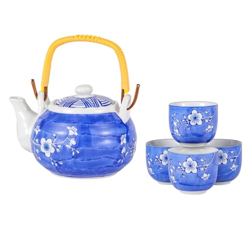 Urban Tokyo Japanese Umei Plum Blossom Design Ceramic 22 fl oz Tea Pot and 4 Cups Tea Set Asian Houseware (Blue)
