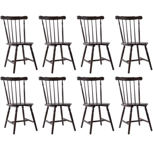 Farmhouse Windsor Dining Chairs Set of 8, Antique Brown | Vintage Wooden Kitchen Chairs, Spindle Back, Round Seat, Turned Legs, H-Stretcher, Rustic Cottage Colonial Side Chairs