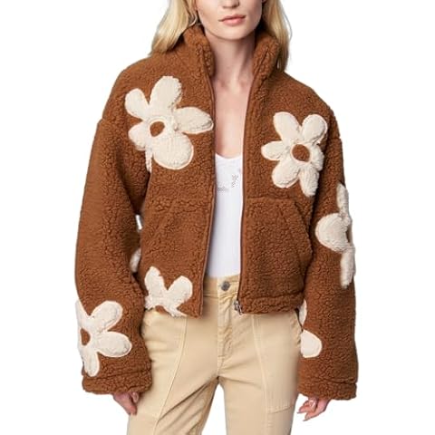 HOULENGS Women's Floral Print Sherpa Fleece Jackets Casual Long Sleeve Zipper Cropped Coat Winter Outwear with Pockets Brown Small Cover