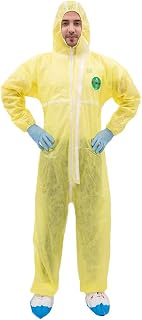 RAYGARD 30003 Disposable Dust Polypropylene PP Coverall with Hood Suit Lightweight Elastic Cuffs, Ankles, Waist Zipper Front for Spray Painting Industrial(XX-Large, Yellow), Yellow, XX-Large