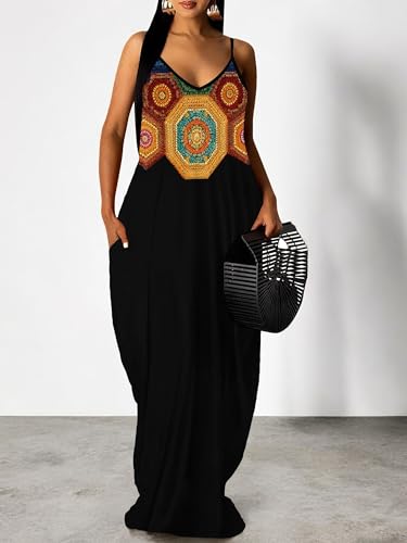 Image of Women's Summer Maxi Dress Spaghetti Strap Floral Boho Beach Long Sundress with Pockets
