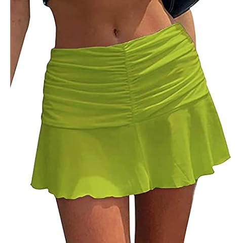 Women Y2K Pleated Mini Skirts 90s Vintage High Waist Solid Color A-Line Skirts E-Girls Elastic Ruffle Hem Casual Skirts (Light Green, Medium) Cover