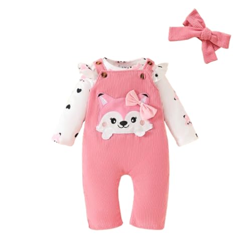 Eqenkely 3 Pièces Vêtements de Ensemble pour Bébé Fille Manches Longues Barboteuse Haut Floral + Pantalon de Salopette + Bandeau(0-18 mois) Renard Top et Rose Pants 3-6 Mois