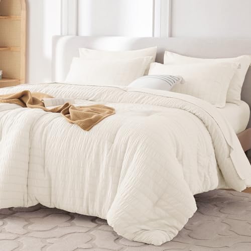 Image of MUXHOMO 7 Pieces Oversized Queen Comforter Set, Seersucker Bed in a Bag Oversized Queen Size, All Season Luxury Bedding Set with Comforter, Flat Sheet, Fitted Sheet, Pillowcases & Shams, Ivory