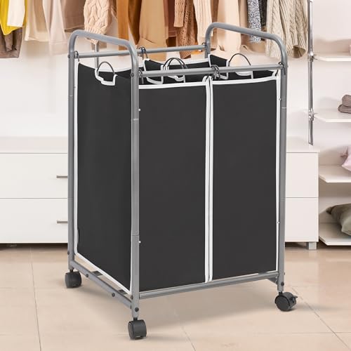 Image of STORAGE MANIAC Laundry Sorter 2 Section, 90L (23.7Gal) Laundry Hamper with Wheels, Clothes Basket Separator Sorter, 2 Bag Cart and Removable Bags for Closet, Dorm, Collage, Black