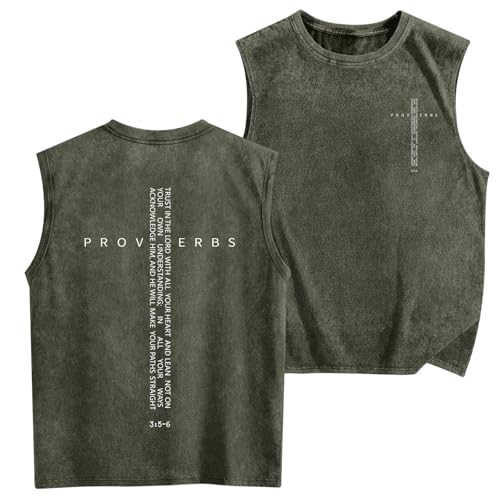 Image of Christian Gym Workout Tank Tops for Men Vintage Bible Verse Cross Graphic Sleeveless Muscle Shirts Acid Wash Tanks Top