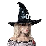 Spooktacular Creations Leather Witch Hat for Women, Large Black Witch Wizard Hat, Pointed Ruched Halloween Witch Hat, Buckle Witch Hat for Halloween Costume Party, School Role Playing, Theme Party