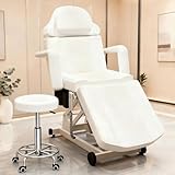 Icoget Electric Lift Facial Bed with Stool for Esthetician, 4-Section Tattoo Chair with Adjustable Backrest and Leg Rest, Spa Salon Massage Table for Beauty, Waxing, Lashing, White
