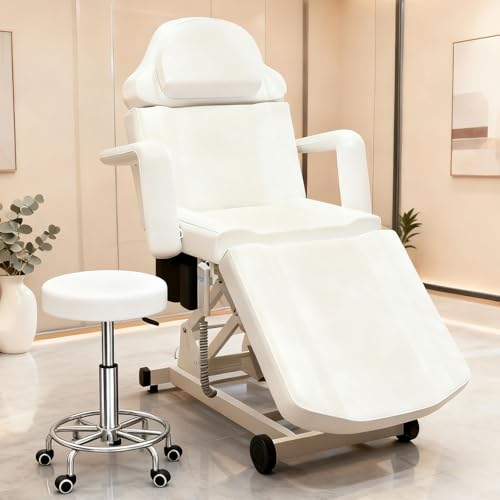 Icoget Electric Lift Facial Bed with Stool for Esthetician, 4-Section Tattoo Chair with Adjustable Backrest and Leg Rest, Spa Salon Massage Table for Beauty, Waxing, Lashing, White