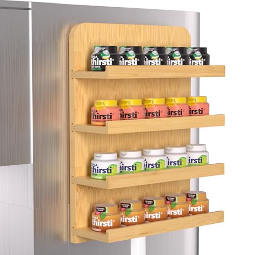 Bamboo Flavor Pods Holder Compatible with Ninja Thirsti - Holds 20 Flavor Water Drops, Side-Mounted 4-Tier Flavor Water Drops Organizer, Self-Adhesive, Wall-Mounted (Bamboo)
