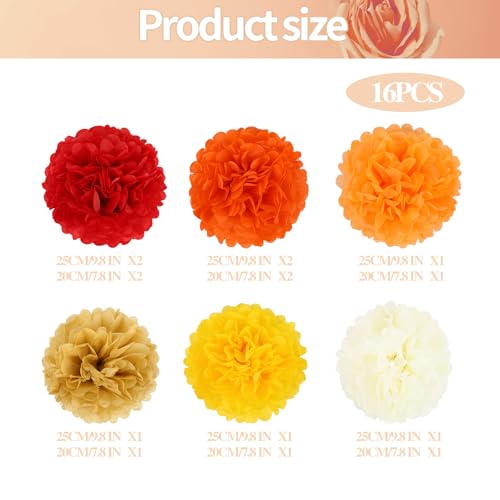 Image of BestoFun 16PCS Fall Party Decorations Orange Red Tissue Paper Flowers Pompoms Decorations for Girl Groovy Birthday Baby Shower Wedding Autumn Thanksgiving Halloween Room Wall Hanging Decor