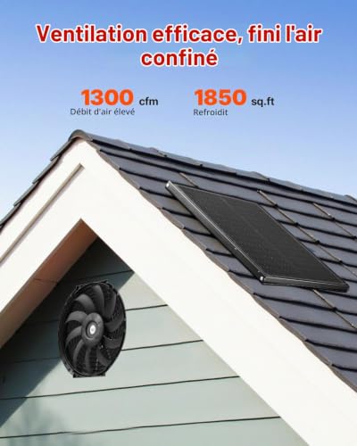 VEVOR Ventilateur extraction solaire grenier 340x70mm 1300 CFM thermostat toit. - vue 3