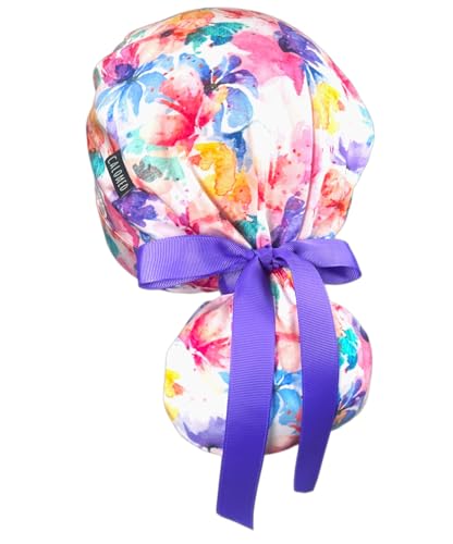 Image of Scrub Cap for Women and Men, Ponytail Scrub Caps, Working Hat, Head Cover with Ribbon Ties and Buttons, Long Hair