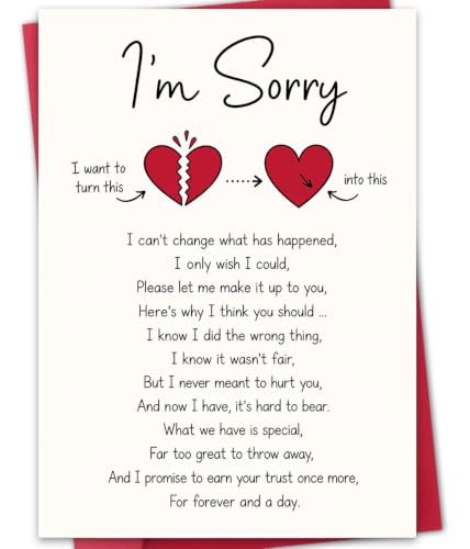 Bestmelo I’m Sorry Card, Apology Card for Her Him, Forgiveness Card for Girlfriend Boyfriend Wife Husband, Relationship Sorry Card, Blank Inside, with Red Envelope and Gold Seal Sticker