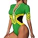 Pugasmiru Jamaica Flag Lion Pattern Deep V Zipper Bathing Suit Women Sexy One Piece Swimsuit Cut Out V Neck High Cut Half Sleeve Fashion Swimwear for Vacation Party