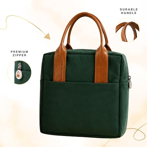 Image of United Colors of Benetton Lunch Bag for Women & Men, Insulated Bag, Tiffin Lunch Bag for Office /College /School, Bottle Holder, Lightweight, Durable Handles, Multiple Pockets (Dark Green)