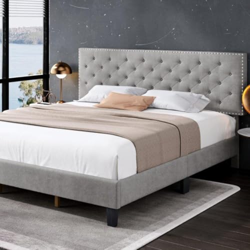 Image of Julius Upholstered Bed King Size Without Storage Solid Sheesham Wood | Modern Premium Fabric Upholstery Cushion Headboard | King Bed for Bedroom Wooden Double Bed Cot 78x72 Inch King