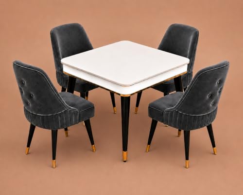 Image of WOODEN SPACE 4 Seater Wooden Dining Table Set | Urban Marble Top Dining Table with Chairs for Dining Room & Kitchen (Modern Grand Aura Dark Grey) (42 x 42 x 30 inch)