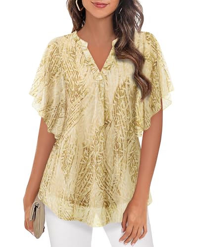 Image of Timeson Women's Short Sleeve V Neck Blouses Shirts Floral Double Layers Mesh Tunics Tops