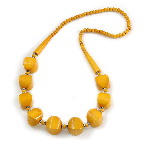 Collier de grosses perles en bois jaune poudré de 76 cm au design artisanal unique