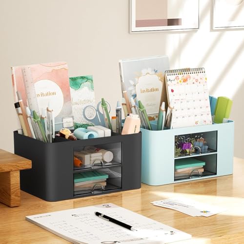 Image of Recluse Stylish Multifunctional Stackable Desk Organizer with 2 Drawers and 5 Compartments | Pen Stand for Study Table, Office Use | Storage Box for Stationery, Art Supplies, Sticky Notes (Black)