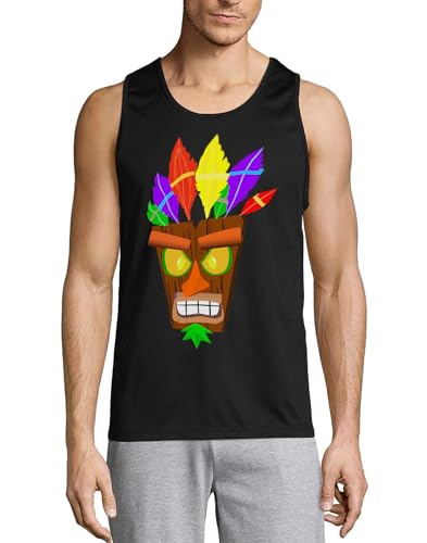Camiseta de tirantes negra para hombre en algodón puro con diseño de máscara india