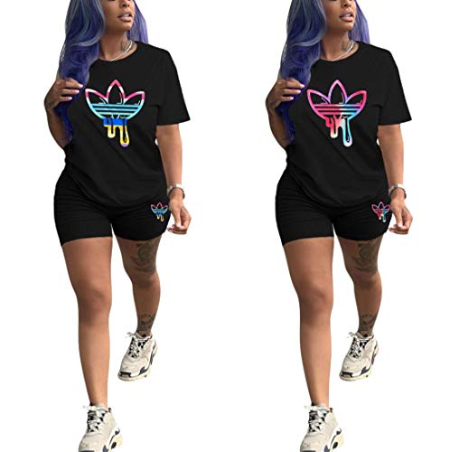 Molilove 2 Piece Outfits For Women Short Sleeve + Short Pants Casual Tracksuit Jogging Suit 2 Piece Outfits Round Neck Printed Short Two-Piece Set #TOP1