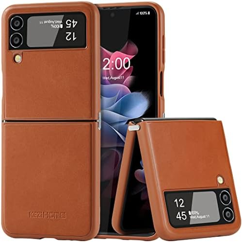 KEZiHOME Samsung Galaxy Z Flip 4 Case, Samsung Z Flip 4 Genuine Leather Case, Slim Thin Shockproof Full-Body Protective Cover Phone Case Compatible with Galaxy Z Flip 4 5G (Khaki)