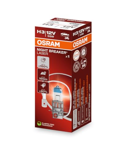 Night Breaker Laser H3 12V 55W %150'ye kadar fazla ışık, 150M'ye kadar fazla görüş açısı, %20'ye kadar beyaz ışık 64151NL Ampul