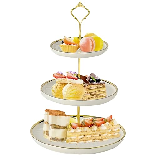 Bellairis Etagere 3 Etagen, Keramik 3-Stöckig Cupcake Ständer, Porzellan Servierplatte Schiefer Etagere ServierStänder, Muffins Obst Dessert Ständer (Weiß, Rund)