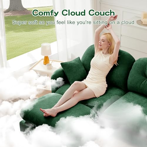 Image of KEIKI 107 inch U-Shaped Oversized Chenille Modular Sectional Sofa with 2 Ottoman, High-Density Foam Cushions, Tufted Pleated Cushion Backrest, Modern 3-Seater Couch with 2 Pillow, for Living Room, Green