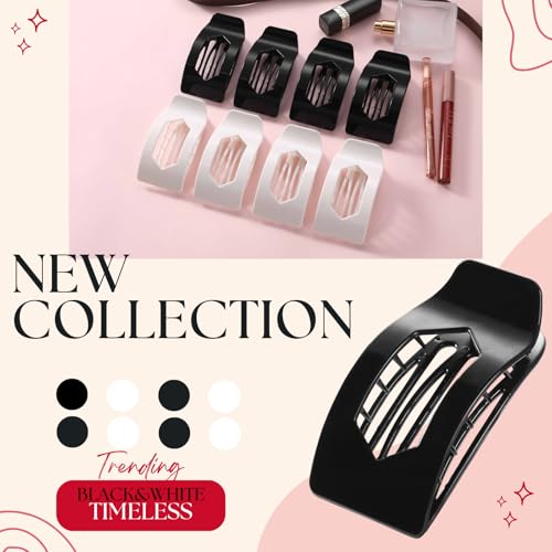 Image of 8 Pack Black White Flat Hair Clips for Women - Large Glossy Rectangle No-Slip Claw Clips for Thick & Thin Hair, Strong Hold Square Hair Accessories