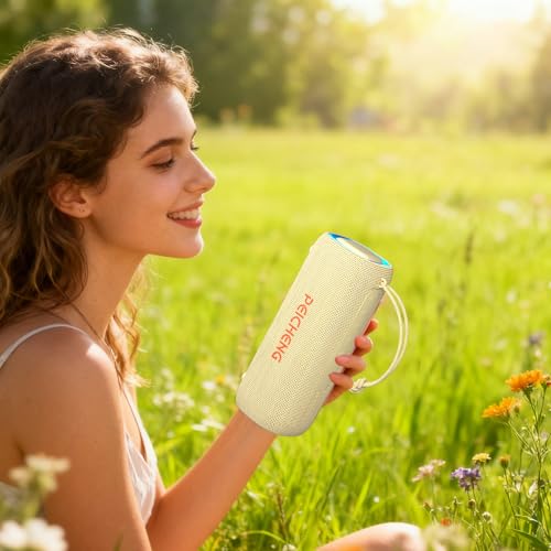 Image of PEICHENG Bluetooth Speaker, Portable Wireless Clear Loud Stereo Sound IPX5 Waterproof with RGB Lights BT5.3 Long Playtime TWS Pairing,for Home Party Outdoor Beach,Great Gift Choice (Beige)