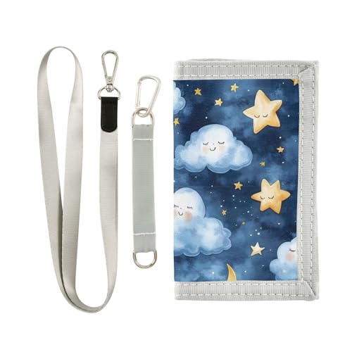 FOLIOSA Kids Wallet for Boys Girls Watercolor Cloud Moon Print Youth Wallet with Zipper Pocket Card Holders, Novelty Wallet 4.9×2.9 in