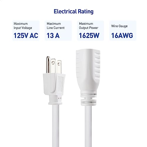 Cable Matters 2-Pack 16 Awg Heavy Duty Short Power Extension Cord 1 Ft In White, Ul Listed (Outlet Saver/Power Cord Extension / 3 Prong Extension Cords, Nema 5-15P To Nema 5-15R) #TOP3