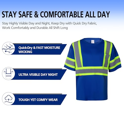 ProtectX 3-Pack High Visibility Short Sleeve Reflective Safety T-Shirt, Men's Heavy Duty Breathable Hi Vis Shirts, Class 2 Type R, Blue - XX Large
